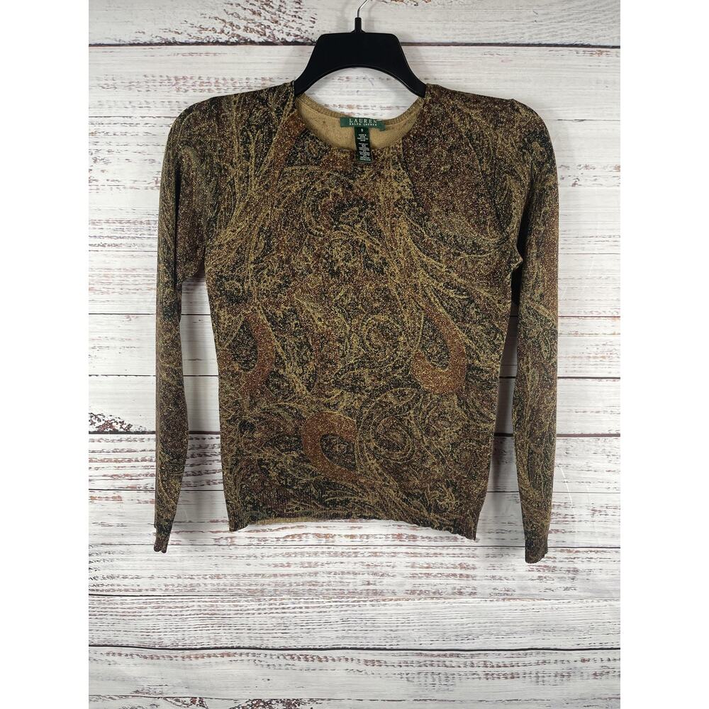 Lauren Ralph Lauren Sweater Women's Small Brown Paisley Silk Cashmere Metallic